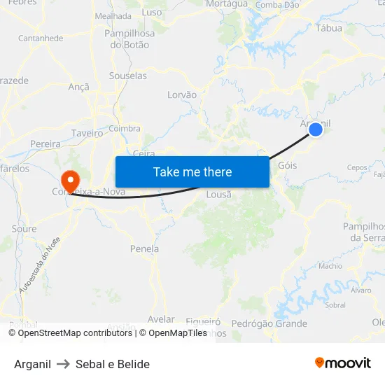 Arganil to Sebal e Belide map