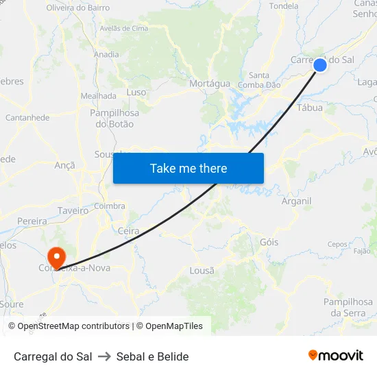 Carregal do Sal to Sebal e Belide map