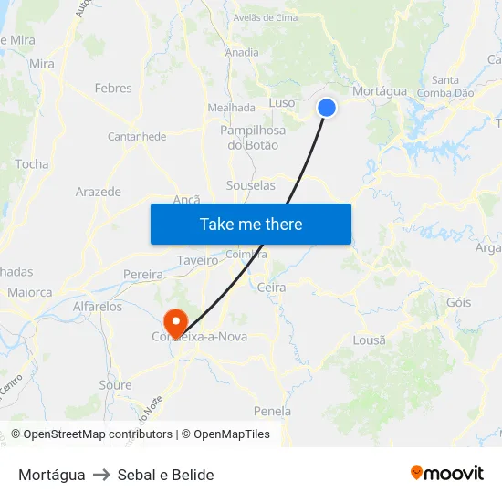 Mortágua to Sebal e Belide map