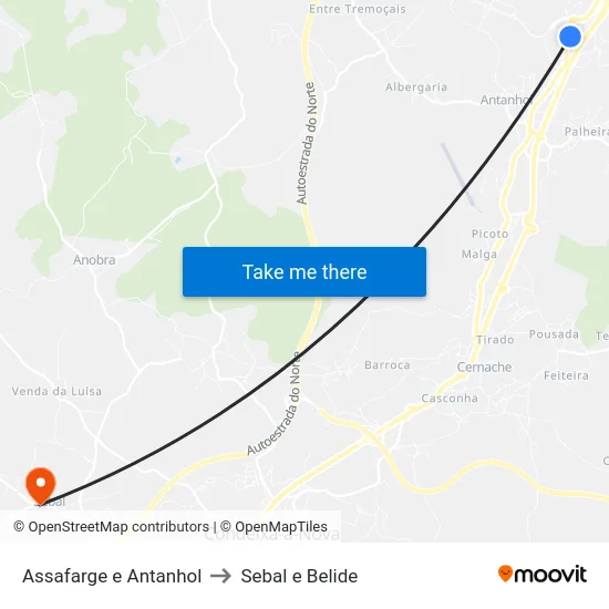 Assafarge e Antanhol to Sebal e Belide map
