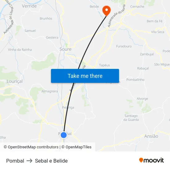 Pombal to Sebal e Belide map
