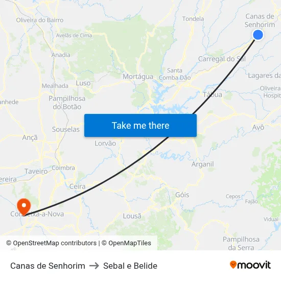 Canas de Senhorim to Sebal e Belide map