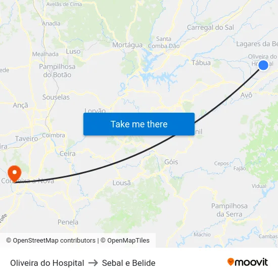 Oliveira do Hospital to Sebal e Belide map