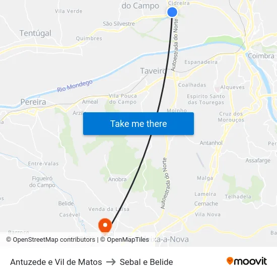 Antuzede e Vil de Matos to Sebal e Belide map