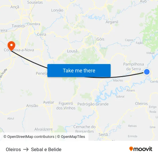 Oleiros to Sebal e Belide map