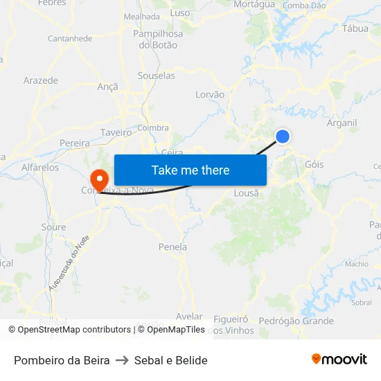 Pombeiro da Beira to Sebal e Belide map