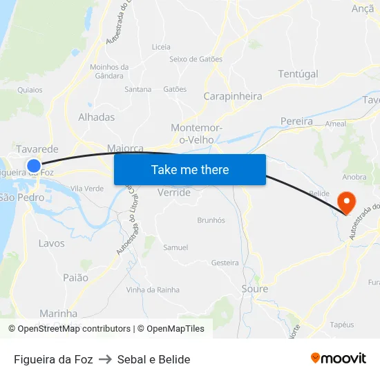 Figueira da Foz to Sebal e Belide map