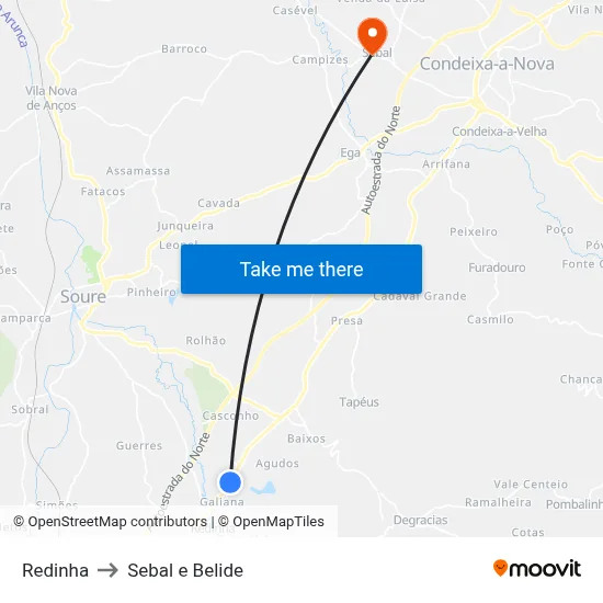 Redinha to Sebal e Belide map
