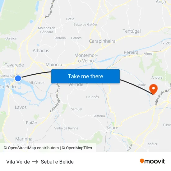 Vila Verde to Sebal e Belide map