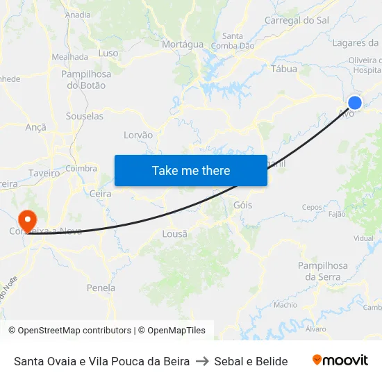 Santa Ovaia e Vila Pouca da Beira to Sebal e Belide map