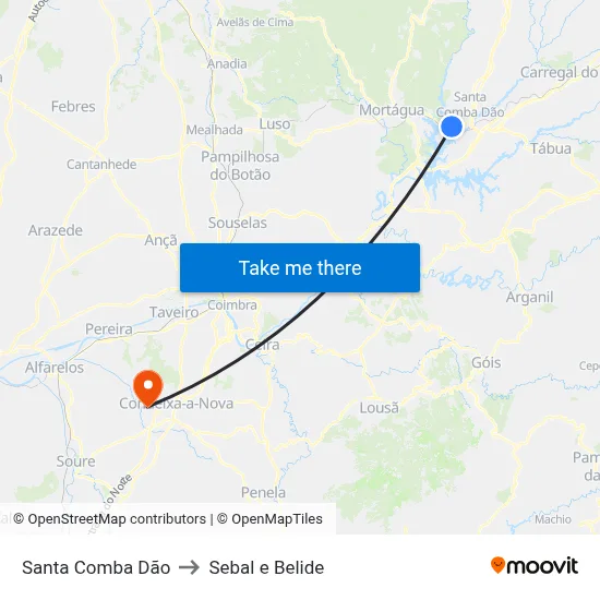 Santa Comba Dão to Sebal e Belide map
