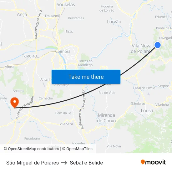 São Miguel de Poiares to Sebal e Belide map