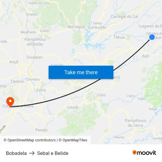 Bobadela to Sebal e Belide map