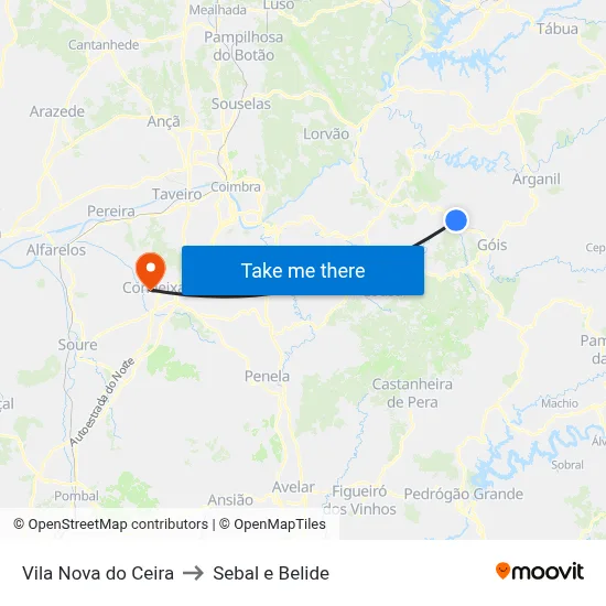 Vila Nova do Ceira to Sebal e Belide map
