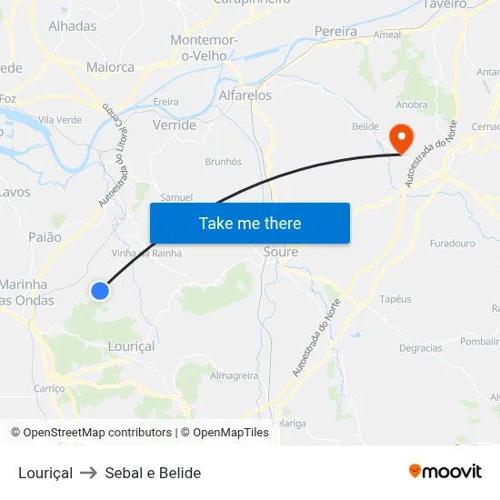 Louriçal to Sebal e Belide map