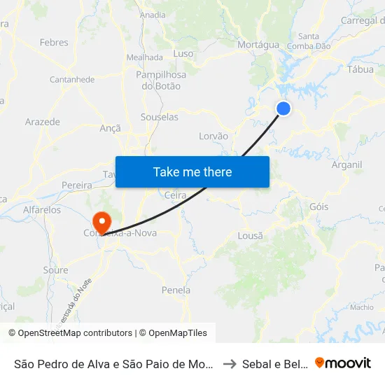 São Pedro de Alva e São Paio de Mondego to Sebal e Belide map