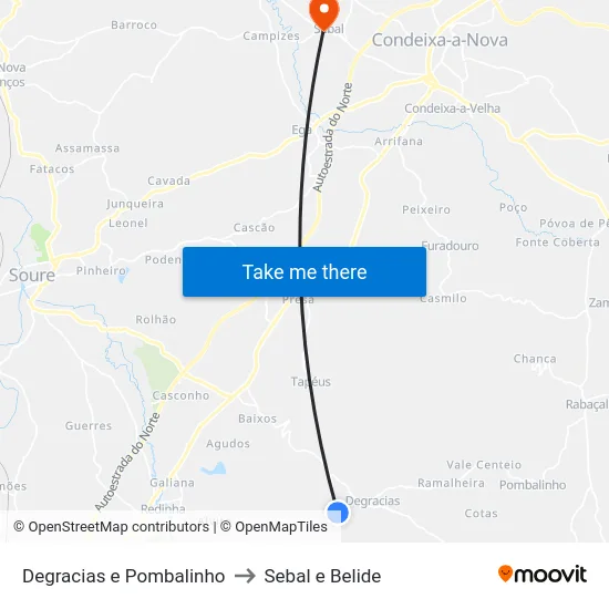 Degracias e Pombalinho to Sebal e Belide map