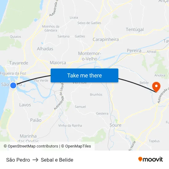 São Pedro to Sebal e Belide map