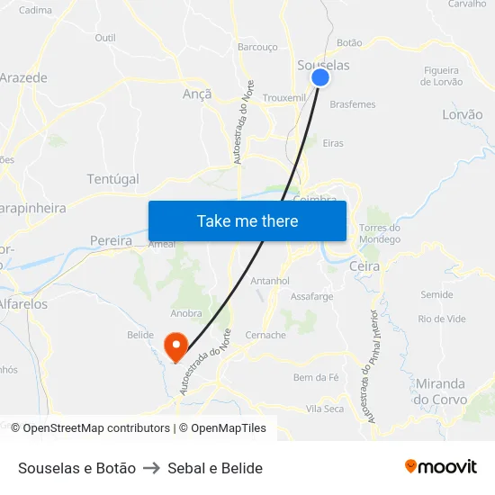 Souselas e Botão to Sebal e Belide map