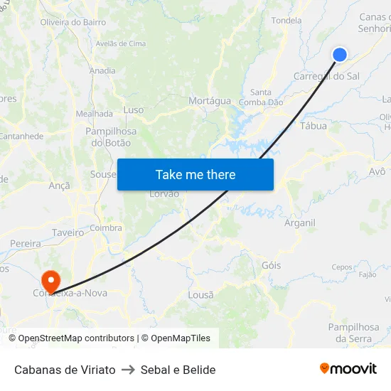 Cabanas de Viriato to Sebal e Belide map