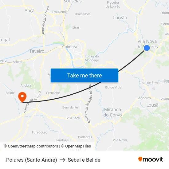 Poiares (Santo André) to Sebal e Belide map