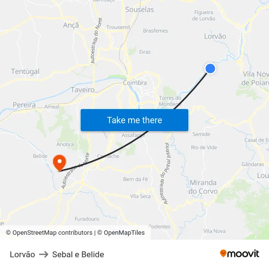 Lorvão to Sebal e Belide map