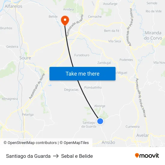 Santiago da Guarda to Sebal e Belide map