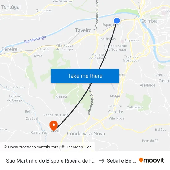 São Martinho do Bispo e Ribeira de Frades to Sebal e Belide map