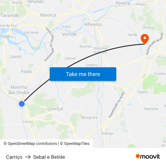 Carriço to Sebal e Belide map