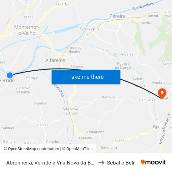 Abrunheira, Verride e Vila Nova da Barca to Sebal e Belide map