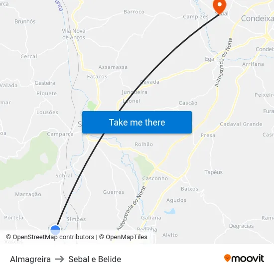 Almagreira to Sebal e Belide map
