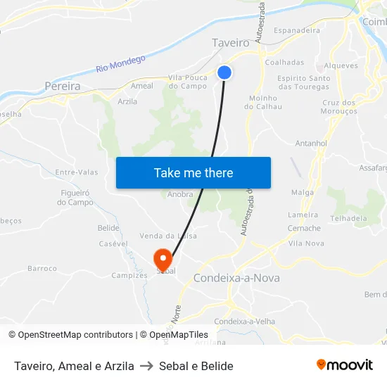 Taveiro, Ameal e Arzila to Sebal e Belide map