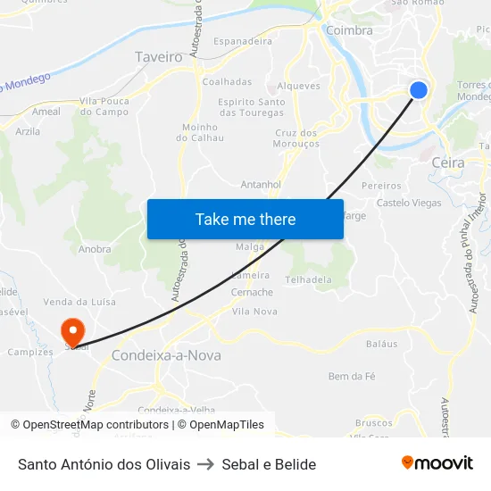 Santo António dos Olivais to Sebal e Belide map