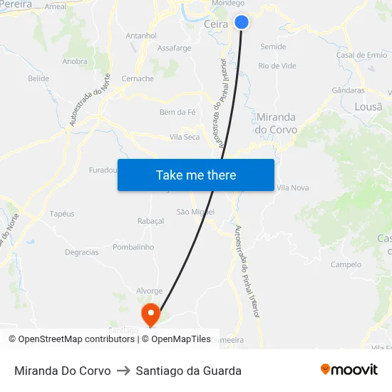 Miranda Do Corvo to Santiago da Guarda map