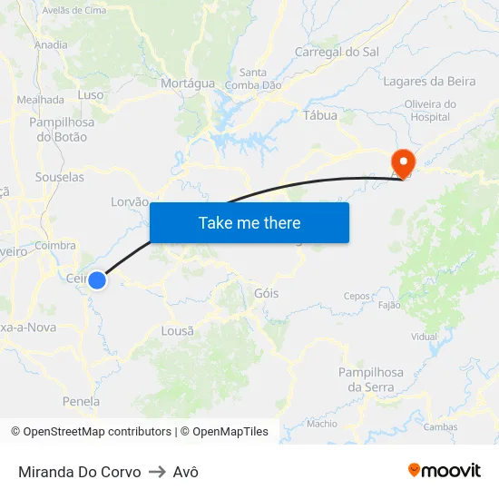 Miranda Do Corvo to Avô map