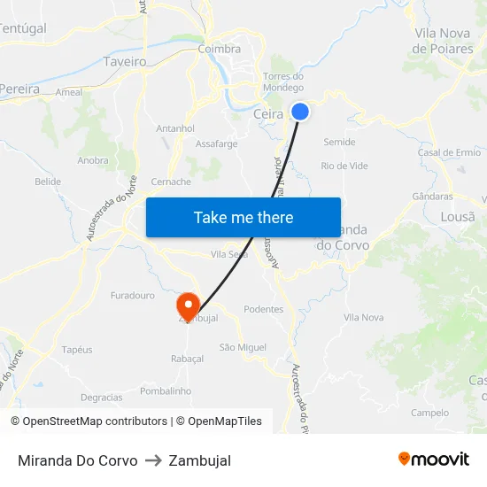 Miranda Do Corvo to Zambujal map