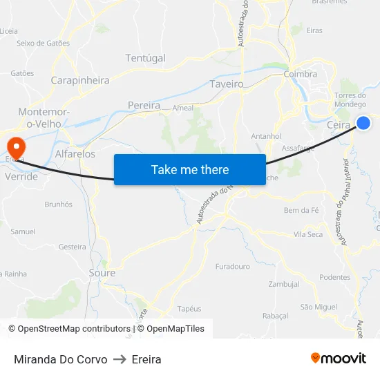 Miranda Do Corvo to Ereira map