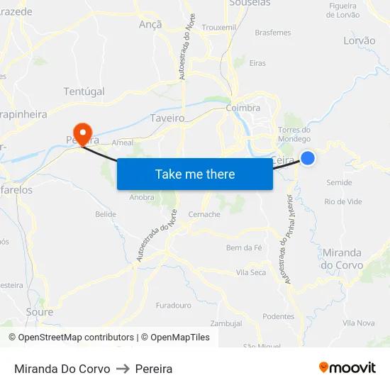 Miranda Do Corvo to Pereira map