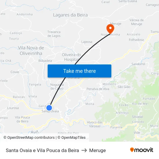 Santa Ovaia e Vila Pouca da Beira to Meruge map