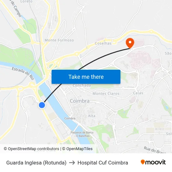 Guarda Inglesa (Rotunda) to Hospital Cuf Coimbra map