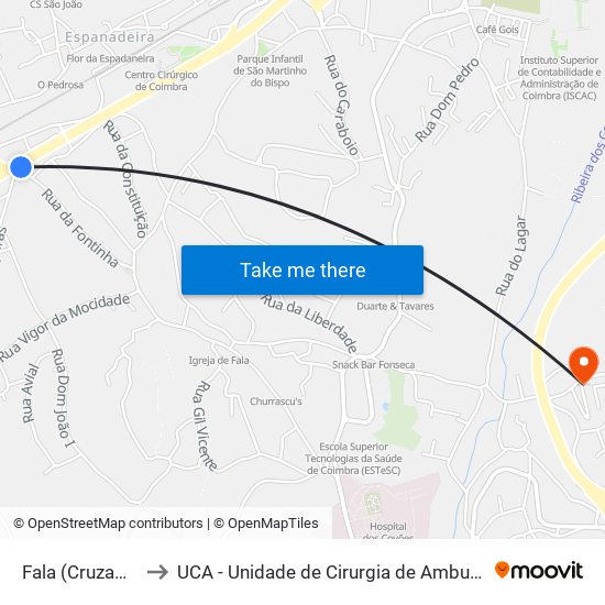 Fala (cruzamento) to UCA - Unidade de Cirurgia de Ambulatório, CHUC map