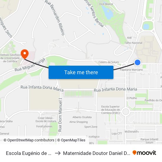 Escola Eugénio de Castro to Maternidade Doutor Daniel De Matos map