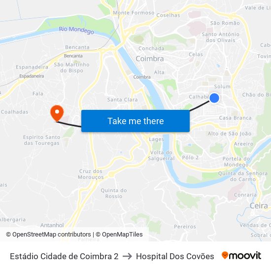 Estádio Cidade De Coimbra 2 to Hospital Dos Covões map