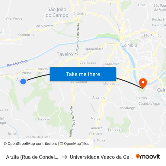 Arzila (Rua de Condeixa) to Universidade Vasco da Gama map