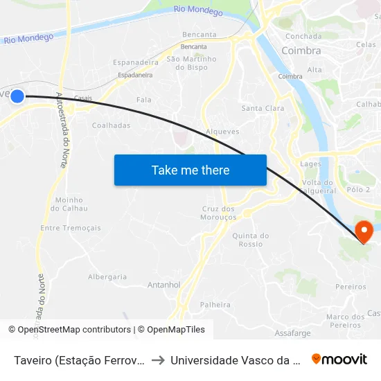Taveiro (Estação Ferroviária) to Universidade Vasco da Gama map