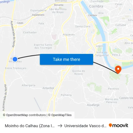 Moinho do Calhau (Zona Industrial) to Universidade Vasco da Gama map