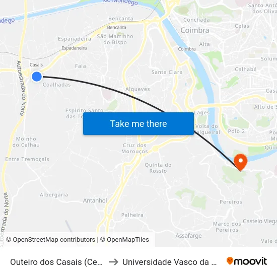 Outeiro dos Casais (Centro) to Universidade Vasco da Gama map