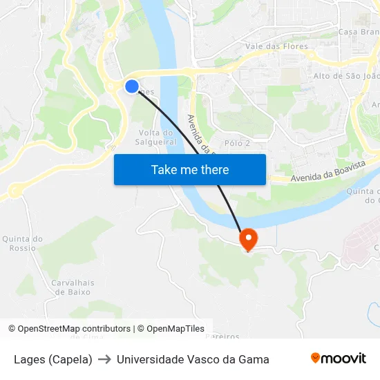 Lages (Capela) to Universidade Vasco da Gama map