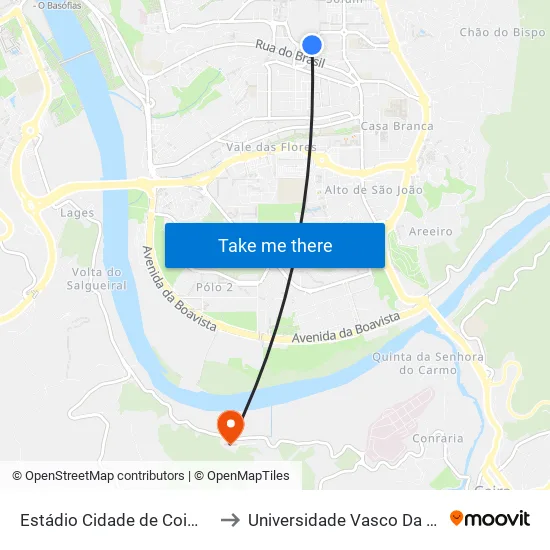 Estádio Cidade De Coimbra 2 to Universidade Vasco Da Gama map