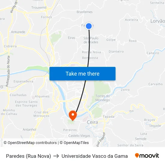 Paredes (Rua Nova) to Universidade Vasco da Gama map